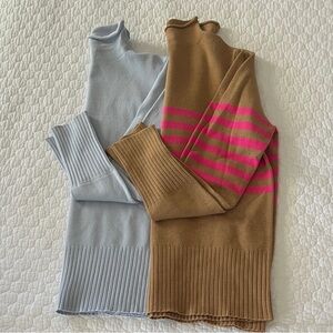 French Connection Women's Rollneck Sweater Set - Ice Blue and Tan with Pink